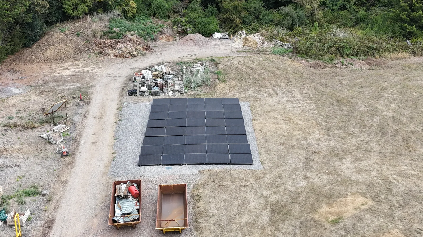 Drone view of a KMM ground-mount solar install near Bath