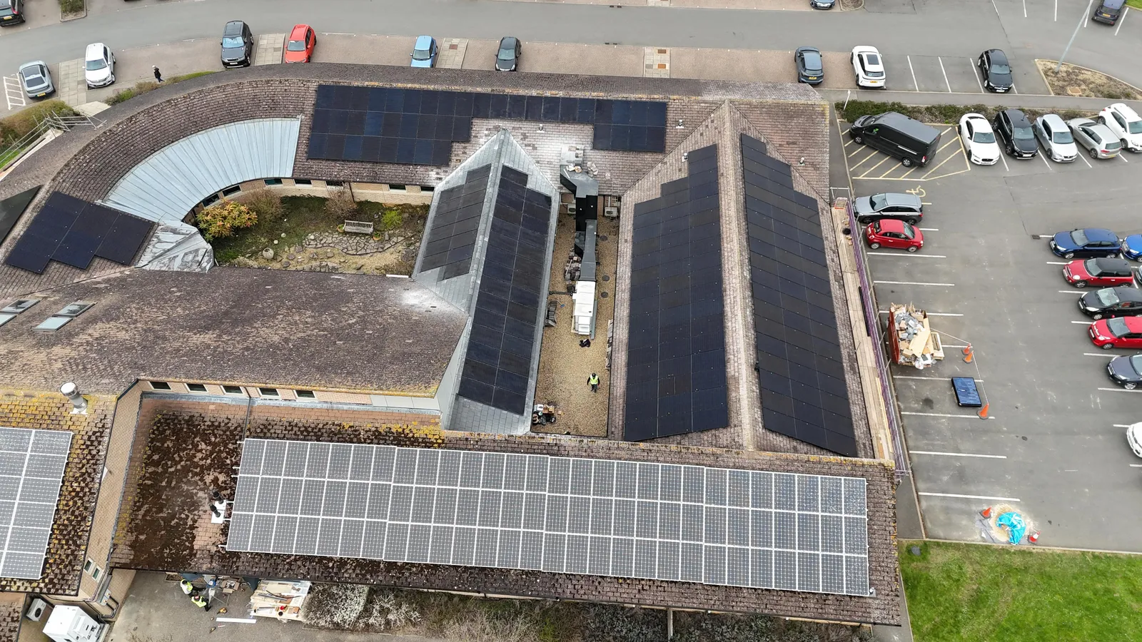 Commercial solar across several roofs, installed by KMM in Market Deeping